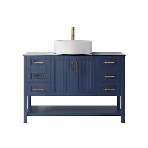 Modena 48" Vanity in Royal Blue with Glass Countertop with White Vessel Sink Without Mirror