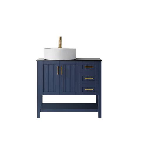 Modena 36" Vanity in Royal Blue with Glass Countertop with White Vessel Sink Without Mirror