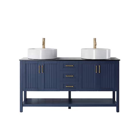 Modena 60" Double Vanity in Royal Blue with Glass Countertop with White Vessel Sink Without Mirror
