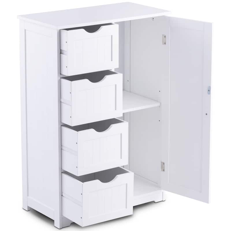 4-Drawer White Wooden Bathroom Cabinet Free Standing Cupboard