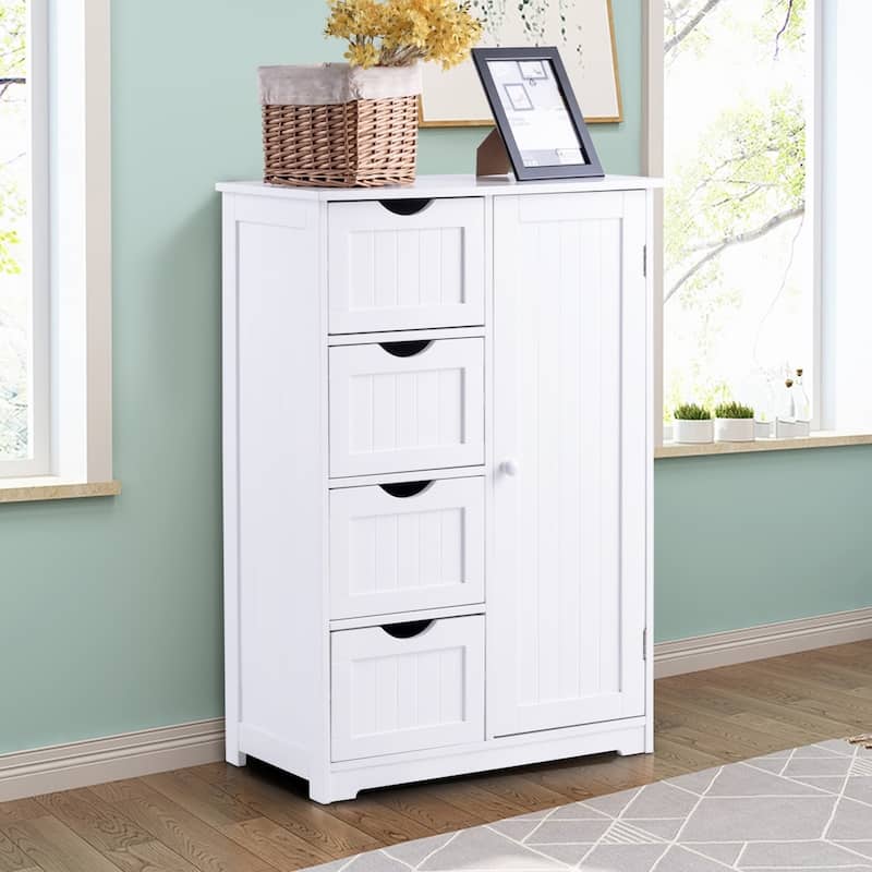 4-Drawer White Wooden Bathroom Cabinet Free Standing Cupboard