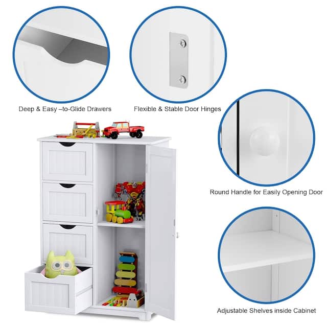 4-Drawer White Wooden Bathroom Cabinet Free Standing Cupboard
