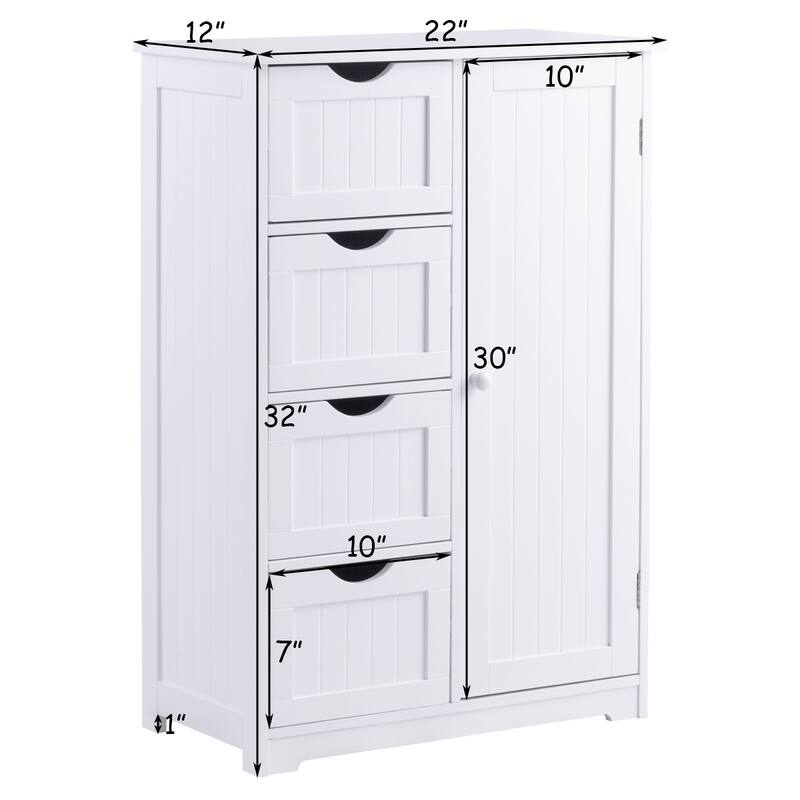 4-Drawer White Wooden Bathroom Cabinet Free Standing Cupboard