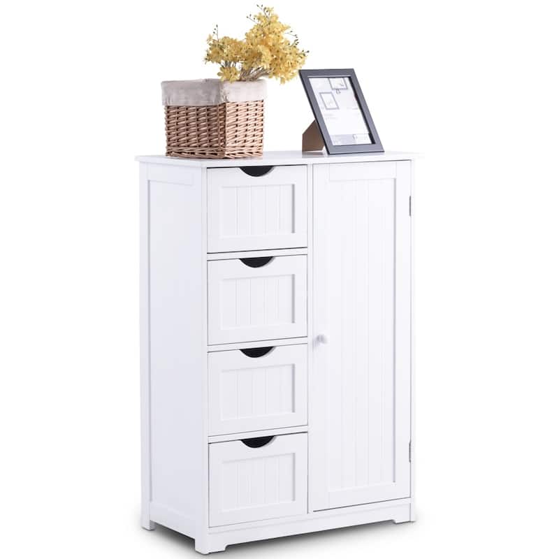 4-Drawer White Wooden Bathroom Cabinet Free Standing Cupboard