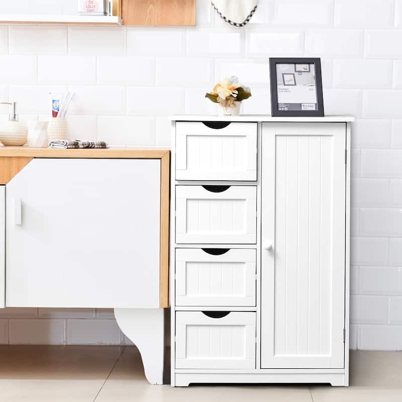 4-Drawer White Wooden Bathroom Cabinet Free Standing Cupboard