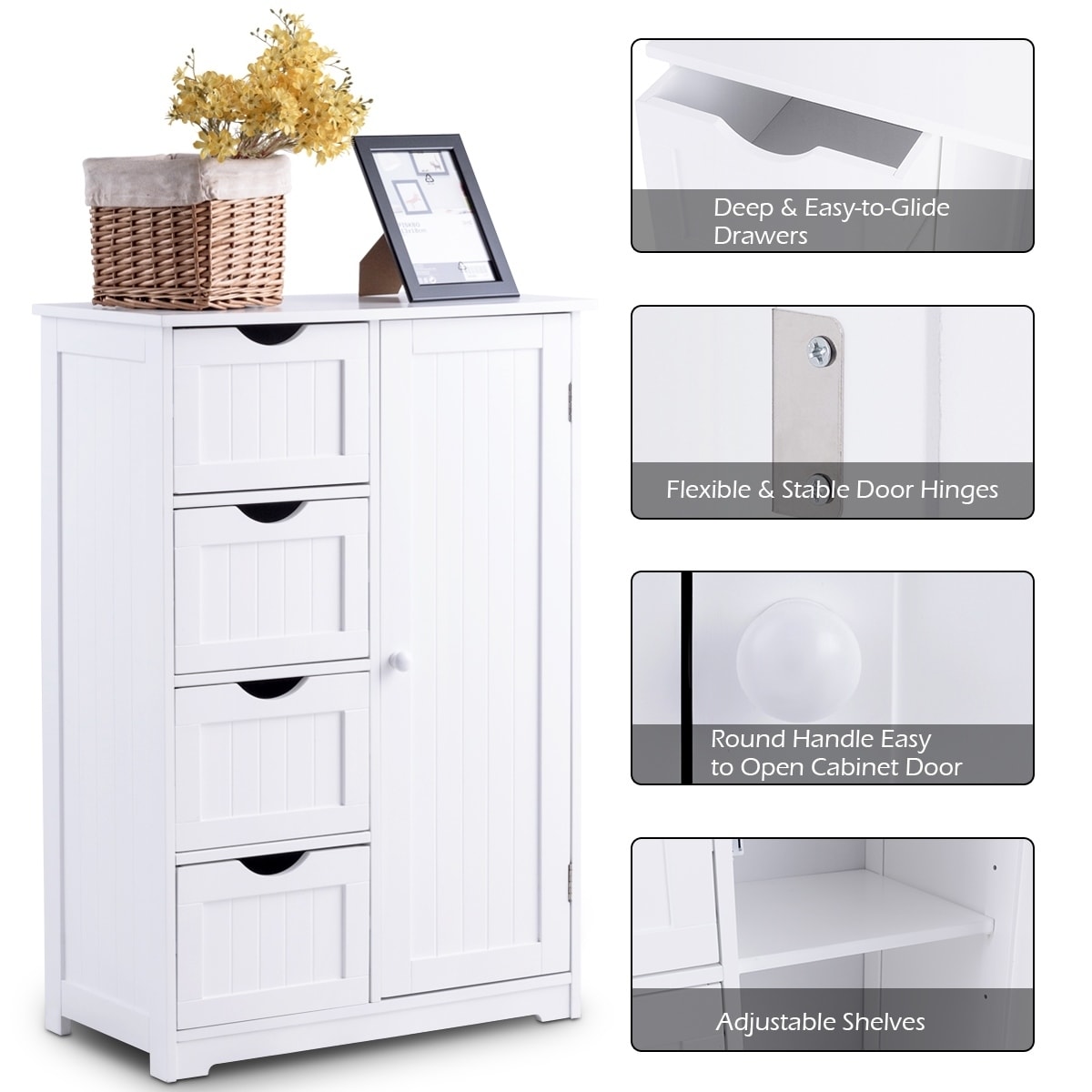 4-Drawer White Wooden Bathroom Cabinet Free Standing Cupboard