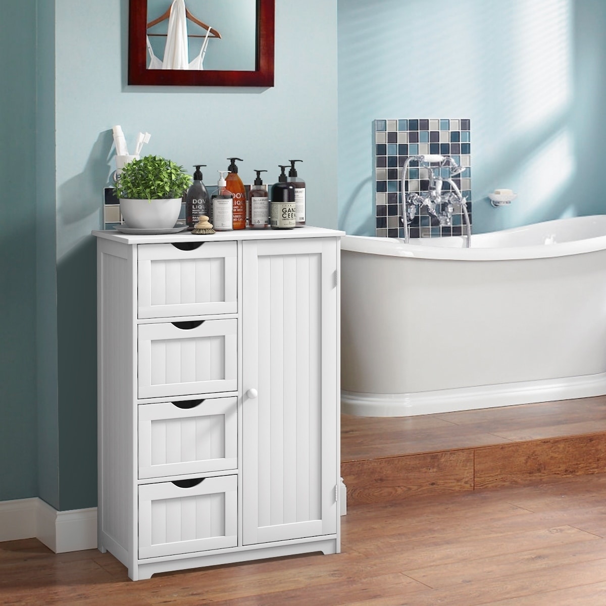 Wooden Bathroom Floor Cabinet Free Standing Storage Cupboard w/4 Drawers White 