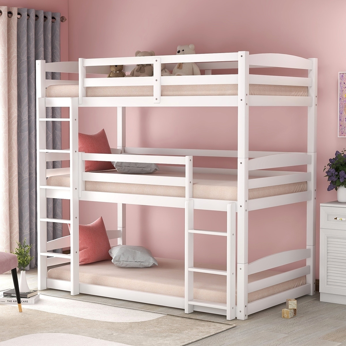 triple bunk bed with shelves