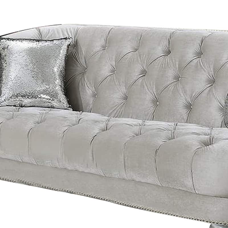 Fabric Upholstered Wooden Sofa with Button Tufted Details, Gray