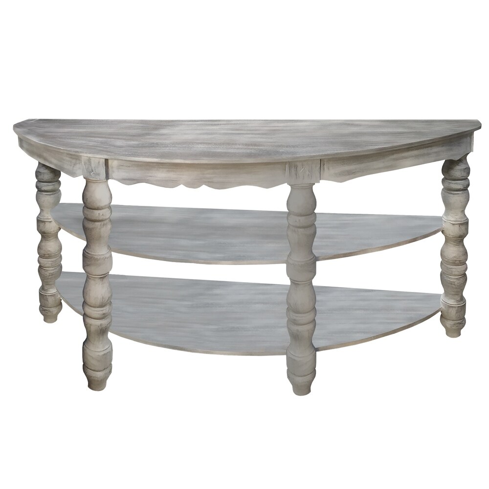 Overstock Half moon Shaped Wooden Console Table with 2 Shelves and Turned Legs, Gray