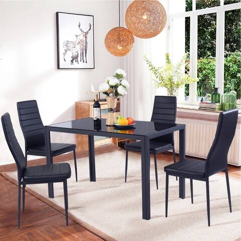 5 Pieces Dining Furniture Set Glass Top Table and Padded Chairs Black