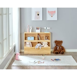 MUSEHOMEINC Wood Toy Storage with 4 Cabinet, Open Toy Storage Shelf, Multi-Bin Organizer Cabinet, Bookcase for Children Bedroom