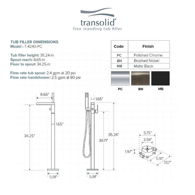 Transolid Roslyn Floor Mounted Tub Filler with Hand Shower - 5.9" x 8.65" x 35.23"