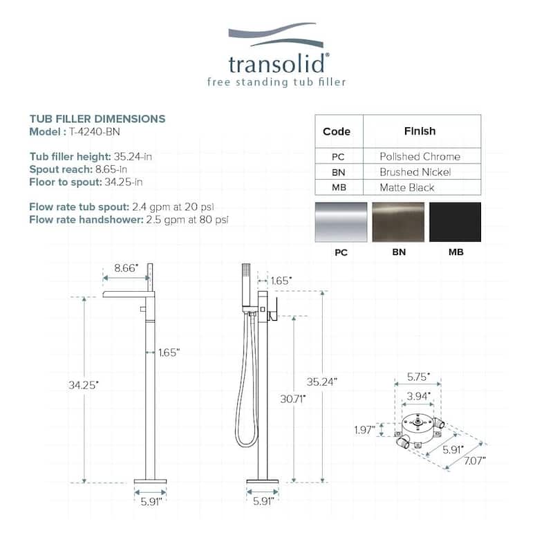 Transolid Roslyn Floor Mounted Tub Filler with Hand Shower - 5.9" x 8.65" x 35.23"
