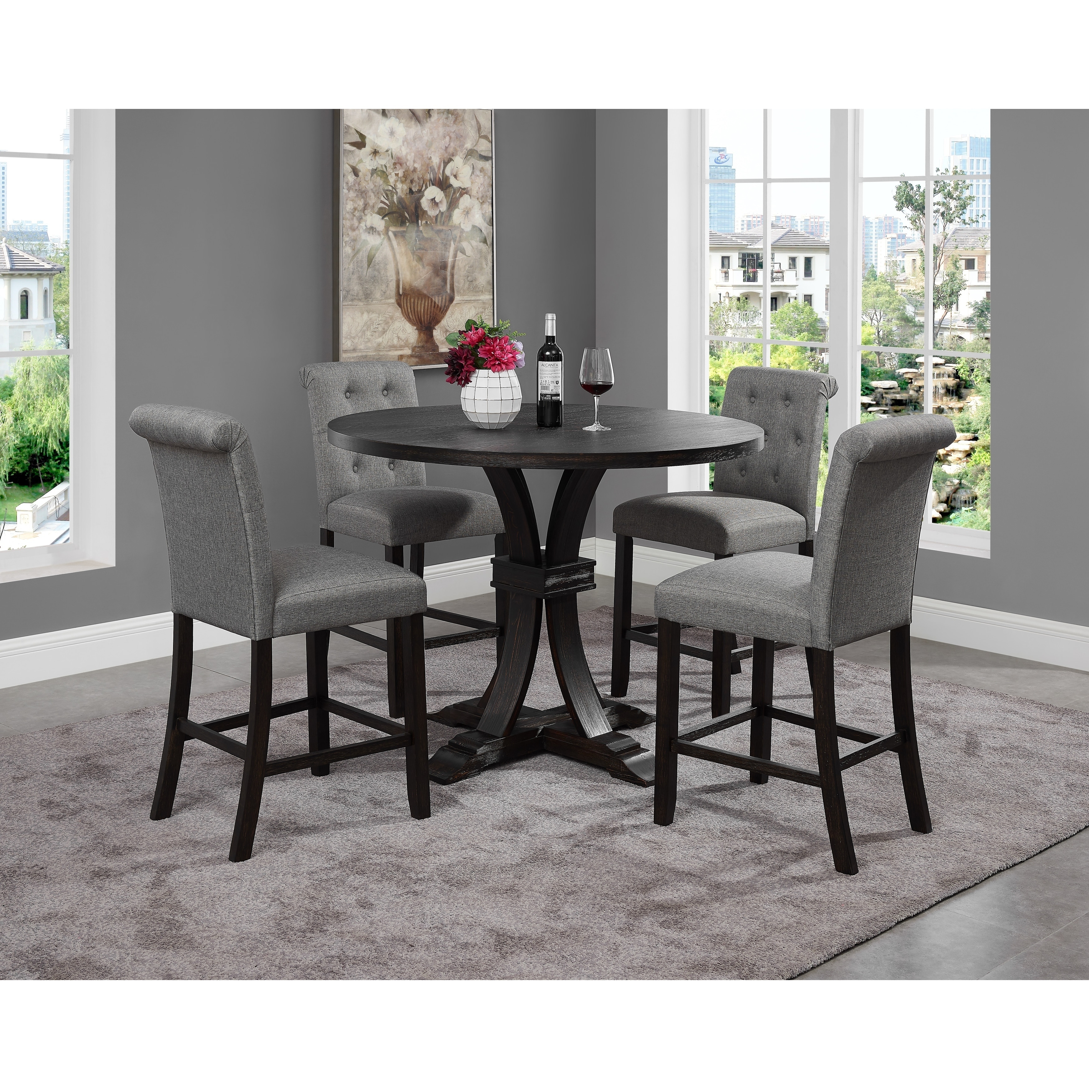 siena distressed black finish 5piece counter height dining set pedestal  round table with 4 chairs