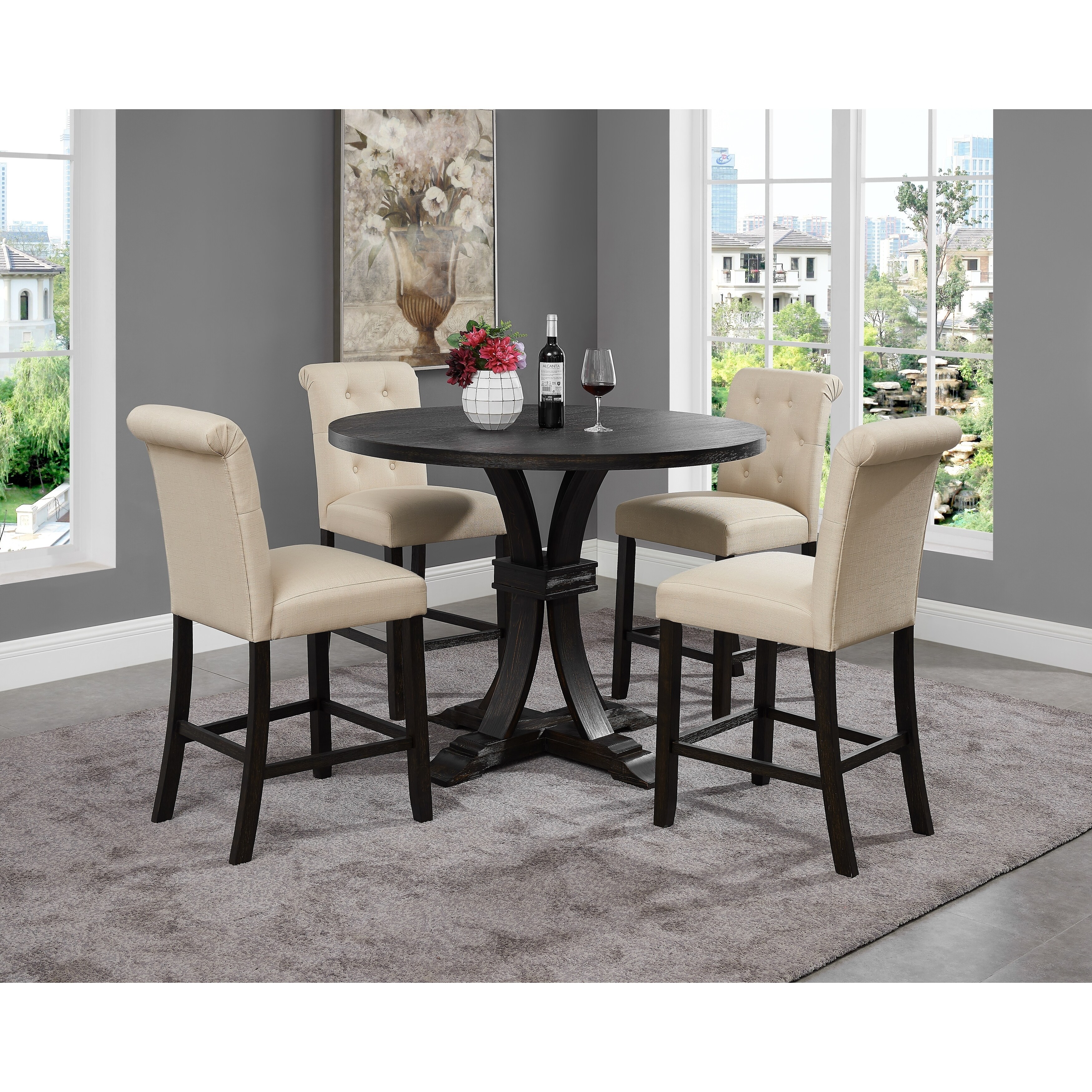 siena distressed black finish 5piece counter height dining set pedestal  round table with 4 chairs