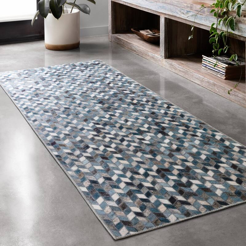 Alexander Home Davide Printed Geometric Faux Cowhide Area Rug - 2'6" x 7'6" - Ocean / Grey