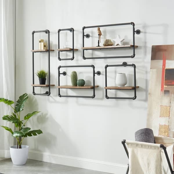 slide 2 of 7, Romi Industrial Sand Black Metal Pipe Wall Shelf by Furniture of America