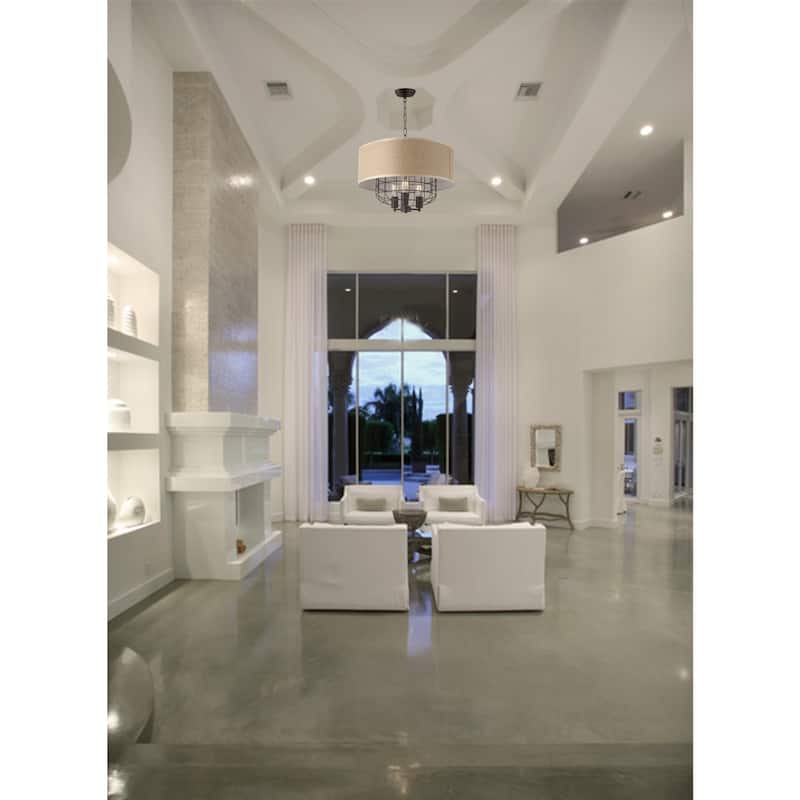 3 Light Drum Chandelier in Iron Frame and Linen Shade