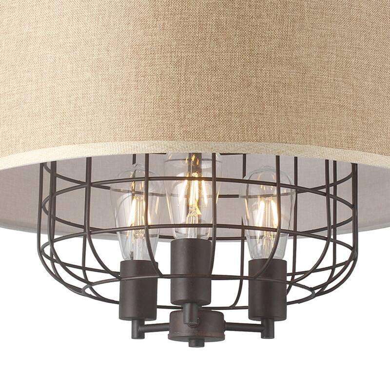 3 Light Drum Chandelier in Iron Frame and Linen Shade