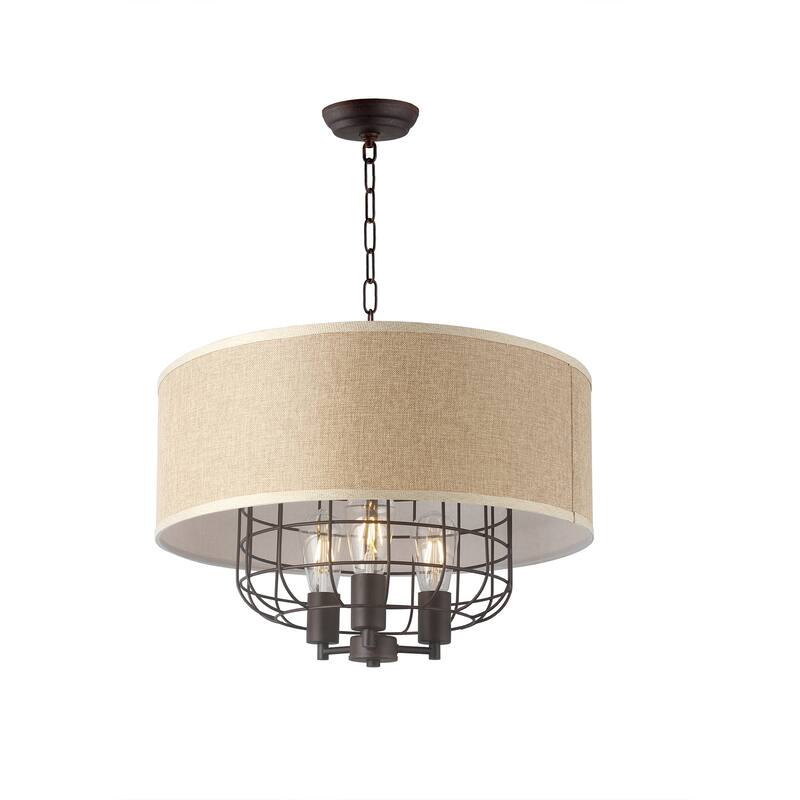 3 Light Drum Chandelier in Iron Frame and Linen Shade