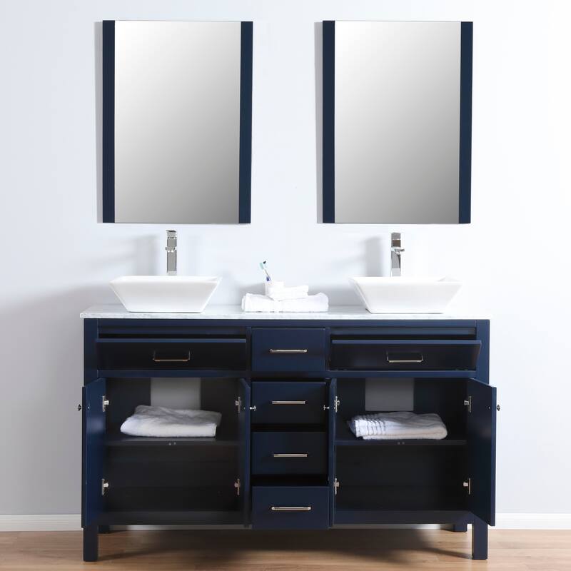 Laguna 60" Freestanding Vanity with Marble Top and Ceramic Basin in Navy