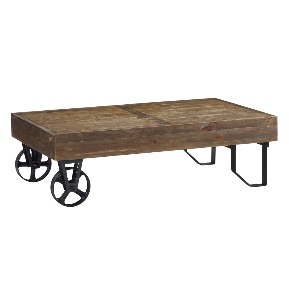Benzara Rectangular Thick Wood Top Coffee Table with Sand Cast Metal Base, Brown