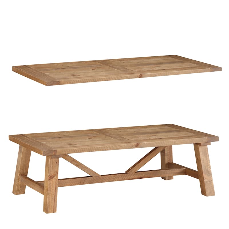 Pine Wood Coffee Table with Trestle Reinforced Sawhorse Base, Brown