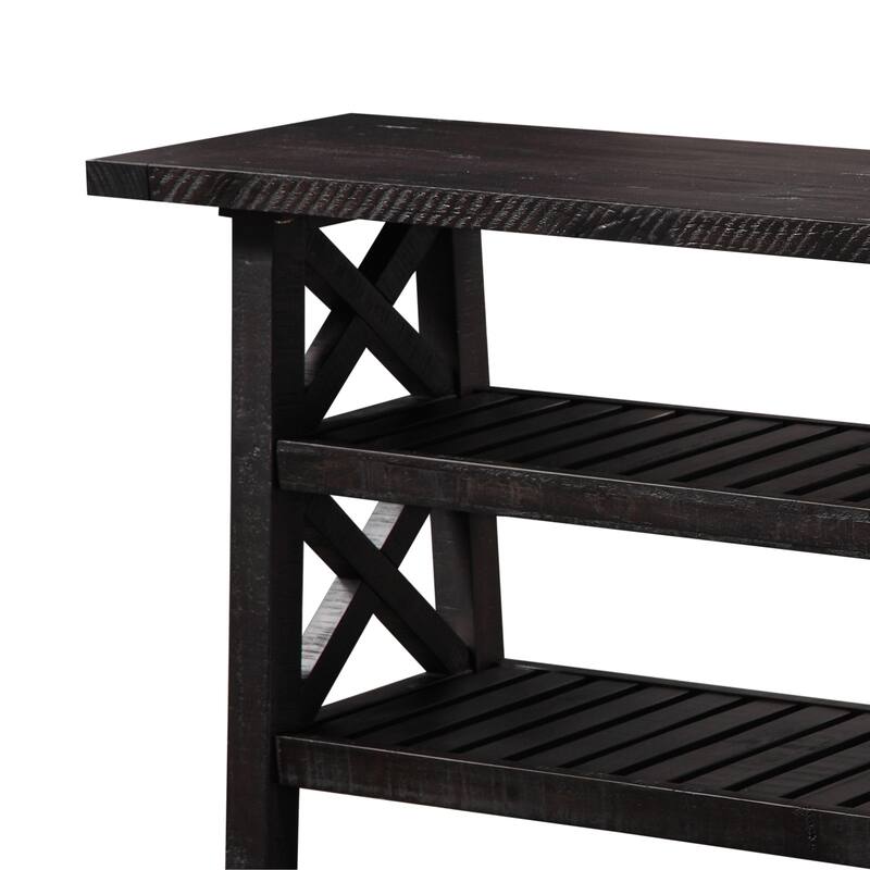 Slatted Two Tier Console table with Cross Side Panels, Rustic Cafe Brown