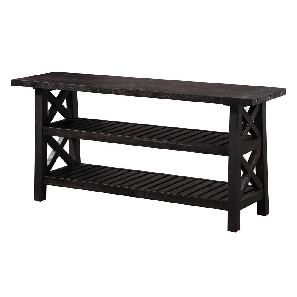 Benzara Slatted Two Tier Console table with Cross Side Panels, Rustic Cafe Brown