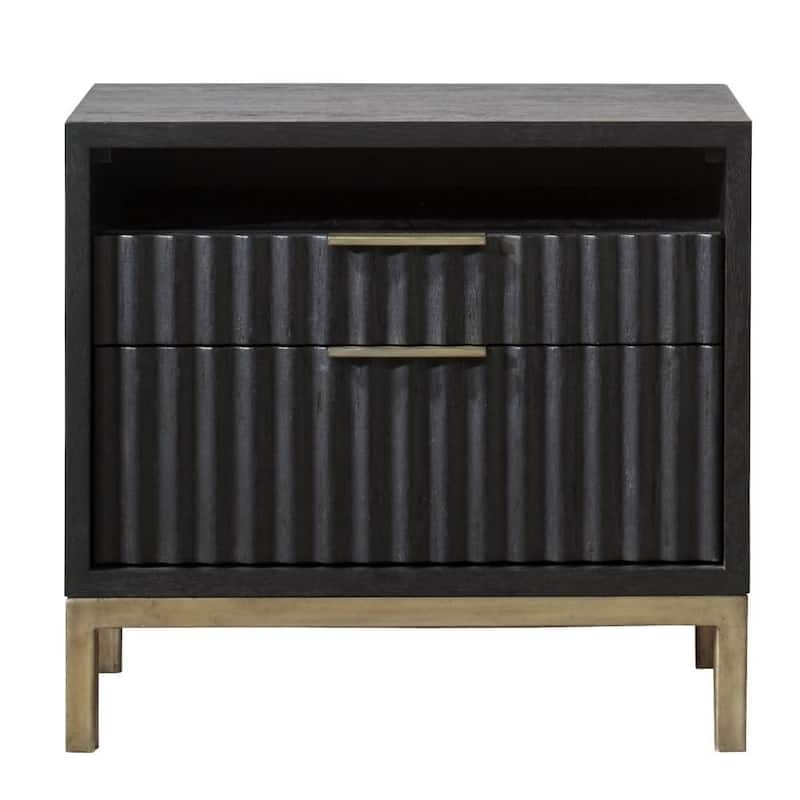 Wood and Metal Nightstand with Scalloped Drawer Fronts, Black and Brass