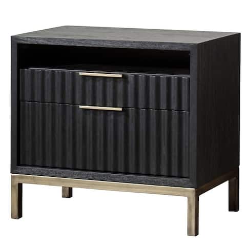 Wood and Metal Nightstand with Scalloped Drawer Fronts, Black and Brass