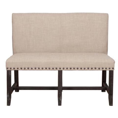 Fabric Upholstered Pine Wood Bench with Nail Head Trim, Black and Beige