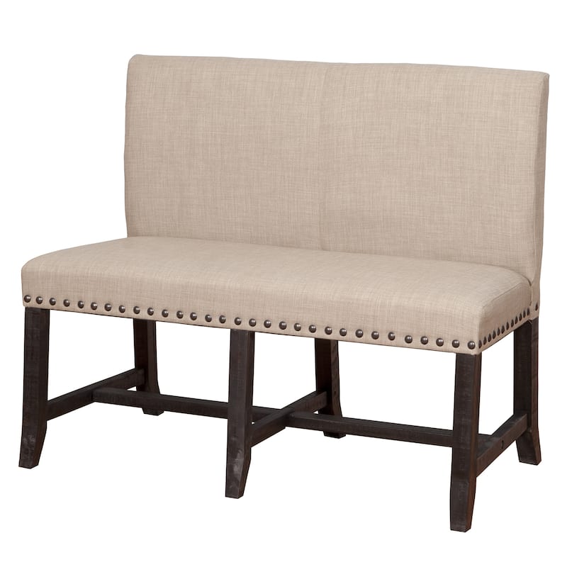 Fabric Upholstered Pine Wood Bench with Nail Head Trim, Black and Beige