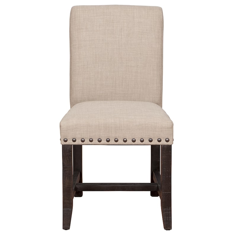 Fabric Upholstered Wooden Side Chair with Nail Head Trim Accents, Set of 2, Beige and Black