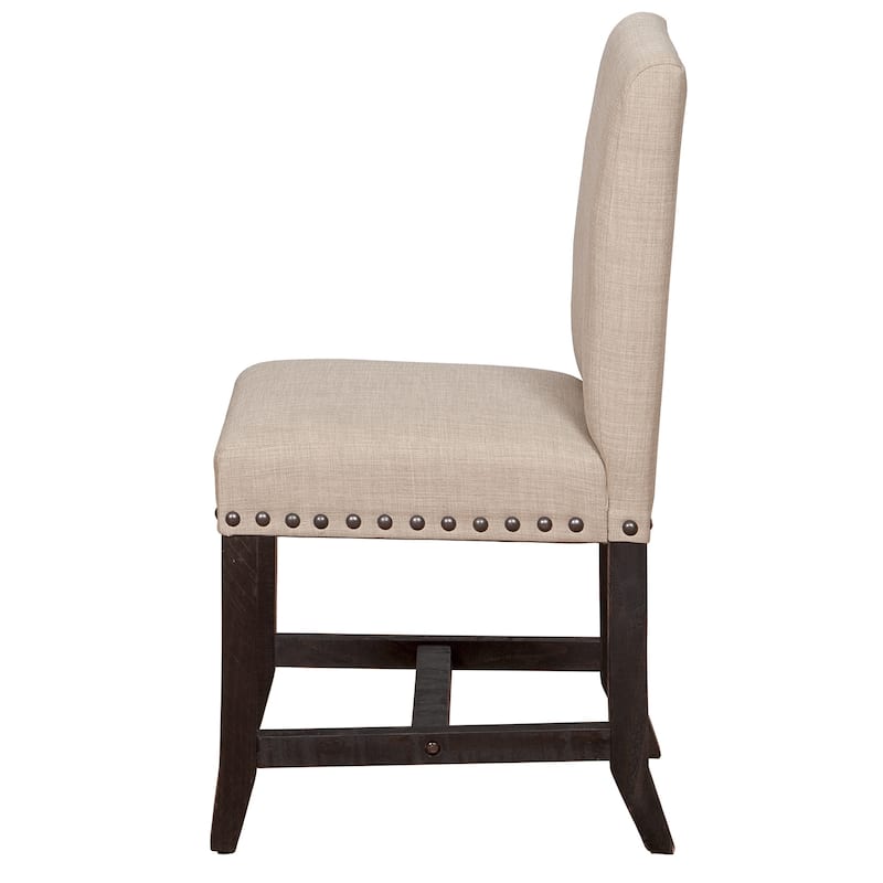 Fabric Upholstered Wooden Side Chair with Nail Head Trim Accents, Set of 2, Beige and Black