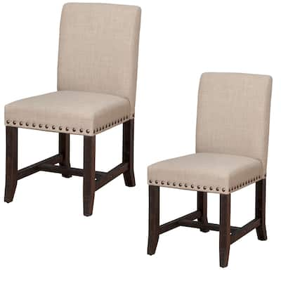 Fabric Upholstered Wooden Side Chair with Nail Head Trim Accents, Set of 2, Beige and Black