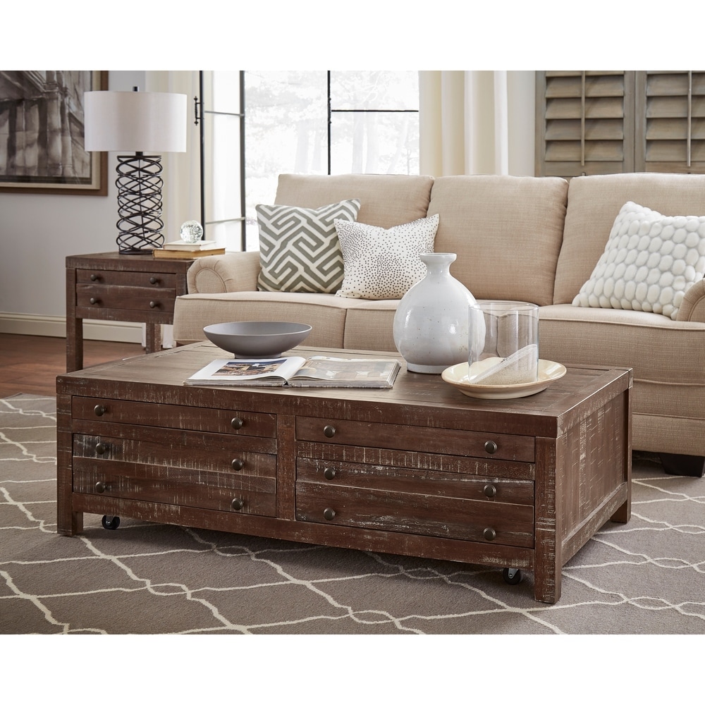 Benzara Wooden Four Drawer Coffee Table with Metal Knob Pull, Brown