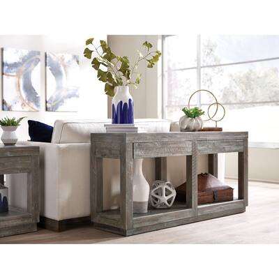 Two Drawer and Bottom Shelf Console Table with Flattened Base, Rustic Latte Gray