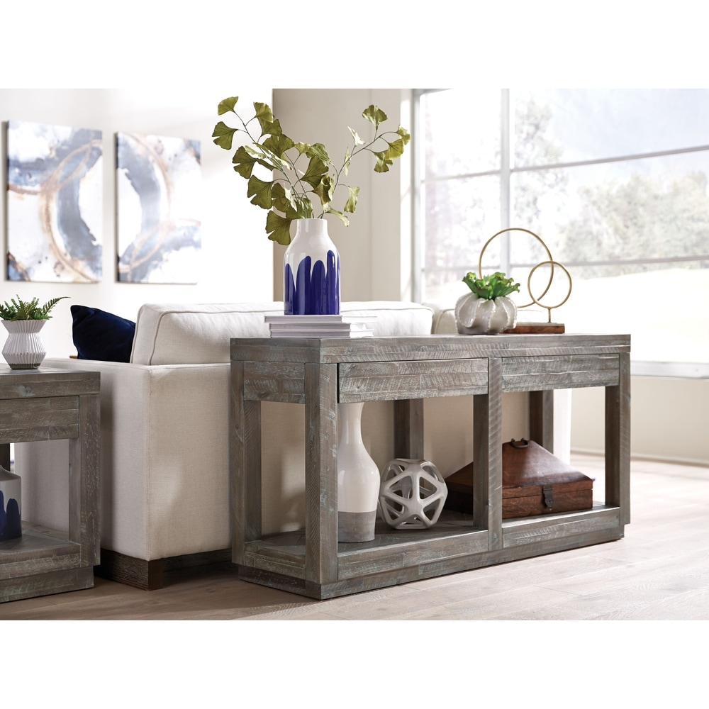 Benzara Two Drawer and Bottom Shelf Console Table with Flattened Base, Rustic Latte Gray