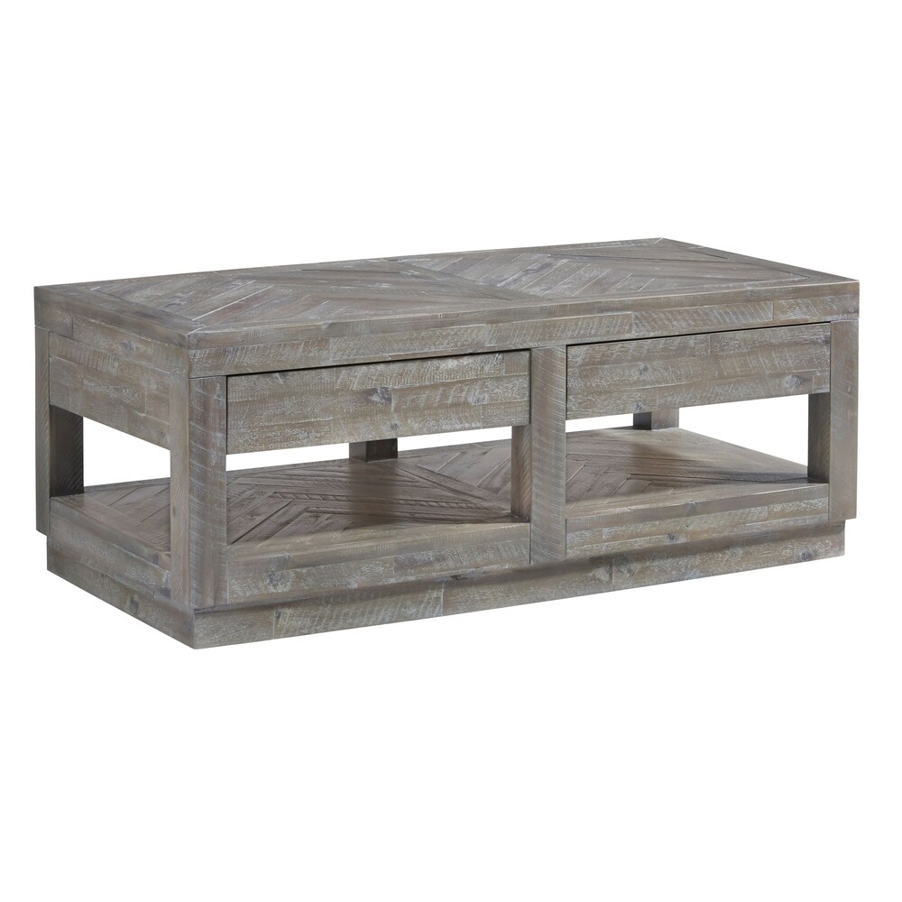 Benzara Two Drawer and Bottom Shelf Coffee Table with Flattened Base, Rustic Latte Gray