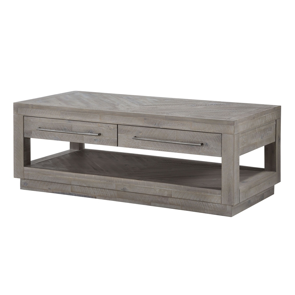 Benzara Two Drawer and One Bottom Shelf Coffee Table with Metal Handle Pull, Rustic Latte Gray