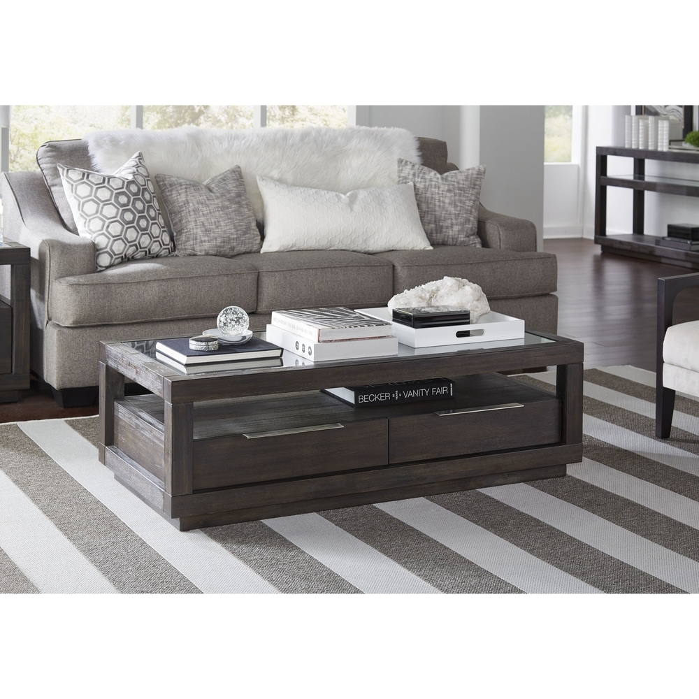 Benzara Wooden Coffee Table with Glass Inlay Table Top and Two Drawers, Basalt Gray
