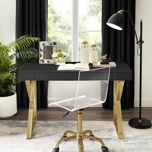 Jennifer High Gloss Modern Desk with Polished Metal Base