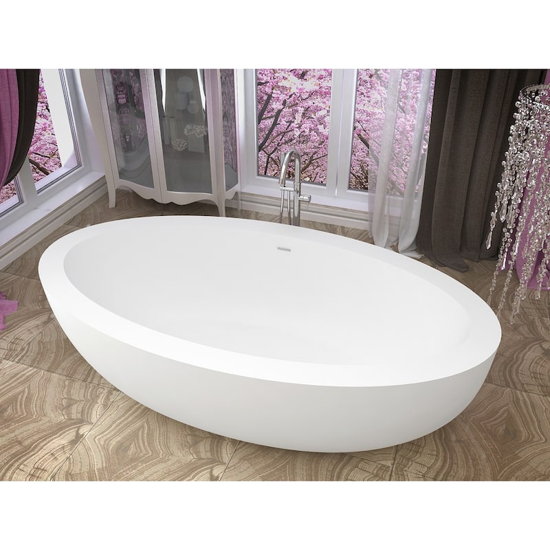 ANZZI Kekehun Matte White Solid Surface Center Drain Freestanding Bathtub