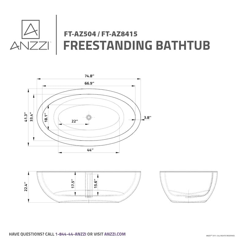 ANZZI Kekehun Matte White Solid Surface Center Drain Freestanding Bathtub
