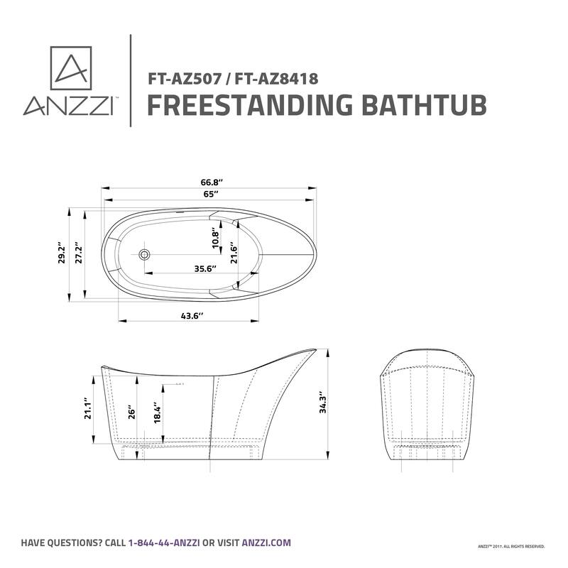 ANZZI Tuasavi Matte White Solid Surface Center Drain Freestanding Bathtub