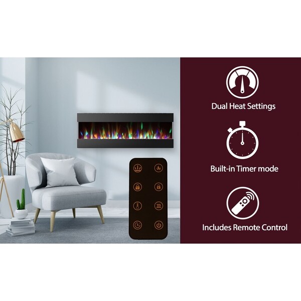 Cambridge 60 In. Recessed Wall Mounted Electric Fireplace with Crystal and LED Color Changing Display, Black