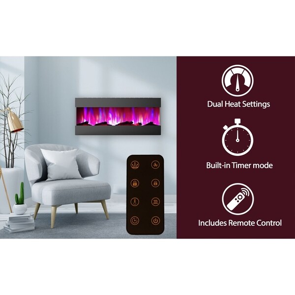 Cambridge 50 In. Recessed Wall Mounted Electric Fireplace with Logs and LED Color Changing Display, Black