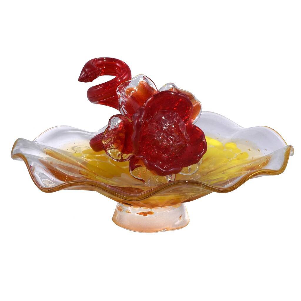 Red Flower On Plate Handcrafted Art Glass Sculpture